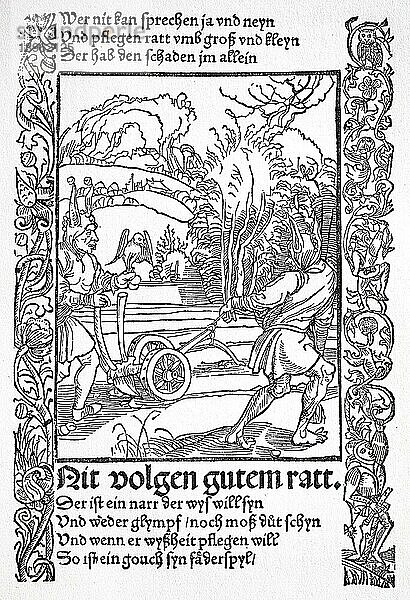 Das Narrenschiff von Sebastian Brant  1494  spätmittelalterliche Moralsatire. Guten Rat verschmähen  Leute ziehem der Narrenpflug  Historisch  digital restaurierte Reproduktion von einer Vorlage aus dem 19. Jahrhundert