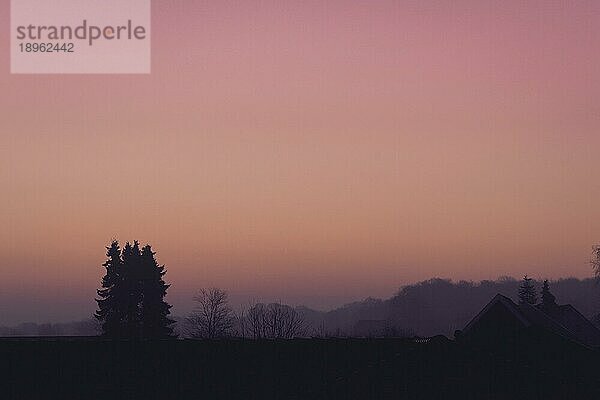 Violetter Morgensonnenaufgang über Dächern und Baumsilhouetten im Februar