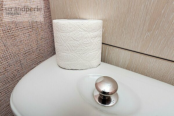 Eine weiche  weiße  hygienische Toilettenpapierrolle wird auf die Spülung in der Toilette gelegt