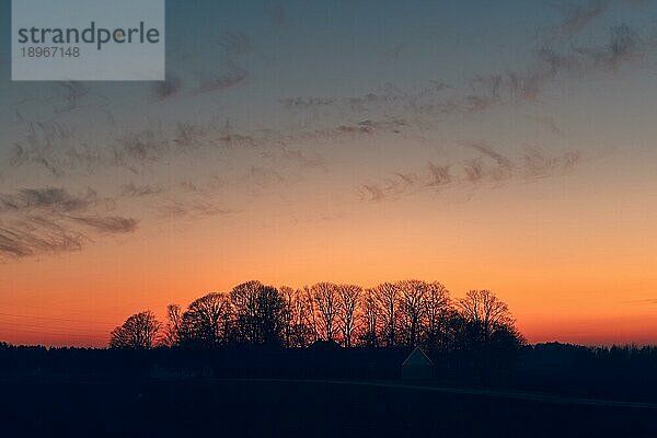 Sonnenuntergang über einem Ackerland mit Baumsilhouetten kurz vor Sonnenuntergang