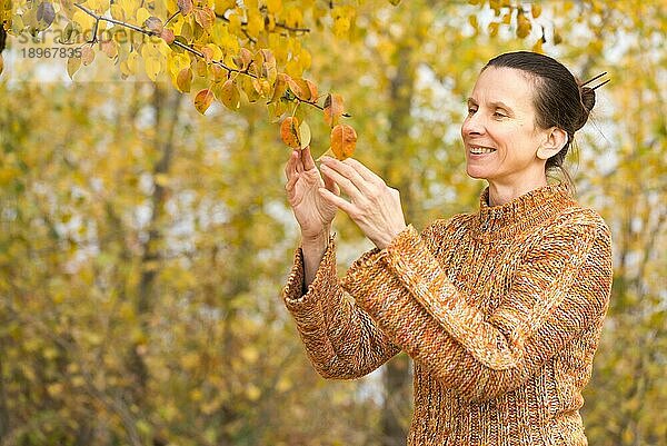 Eine lächelnde erwachsene kaukasische Frau pflückt orangefarbene Apfelblätter im Herbst