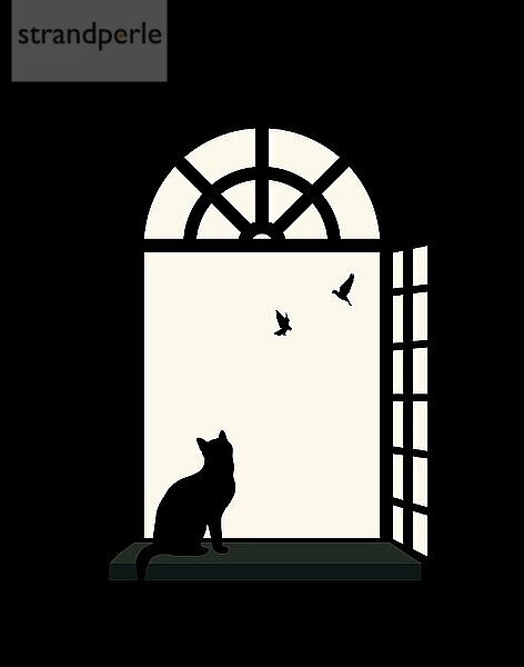 Silhouette einer Hauskatze am Fenster  die Vögel beobachtet. Kopieren Raum Vektor Illustration