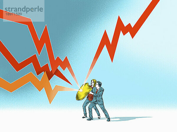 Geschäftsmann und Geschäftsfrau durch Schild vor Blitzpfeilen geschützt