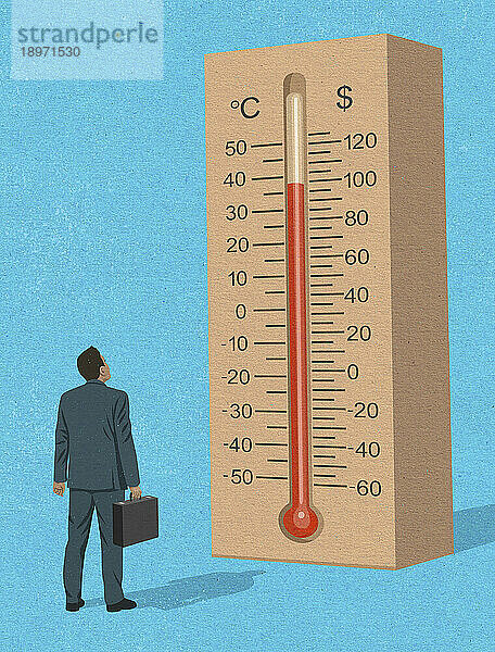 Geschäftsmann schaut auf ein Dollar-Thermometer