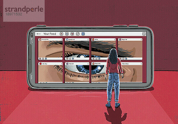 Männliches Auge blickt von einem Telefonbildschirm aus auf ein junges Mädchen
