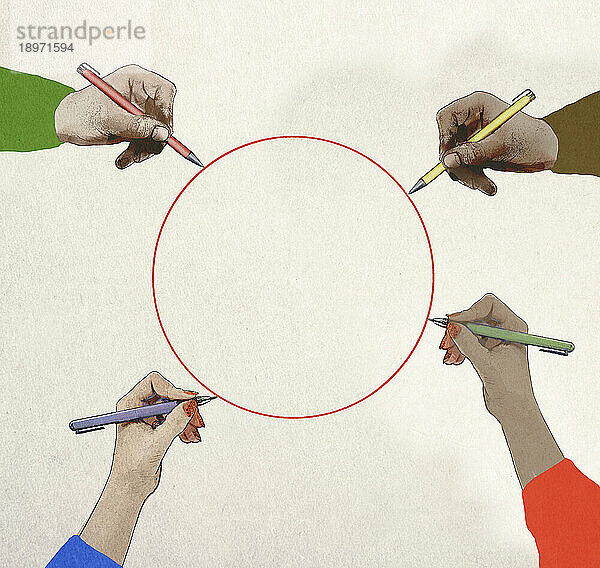 Vier Hände arbeiten zusammen  um einen Kreis zu zeichnen