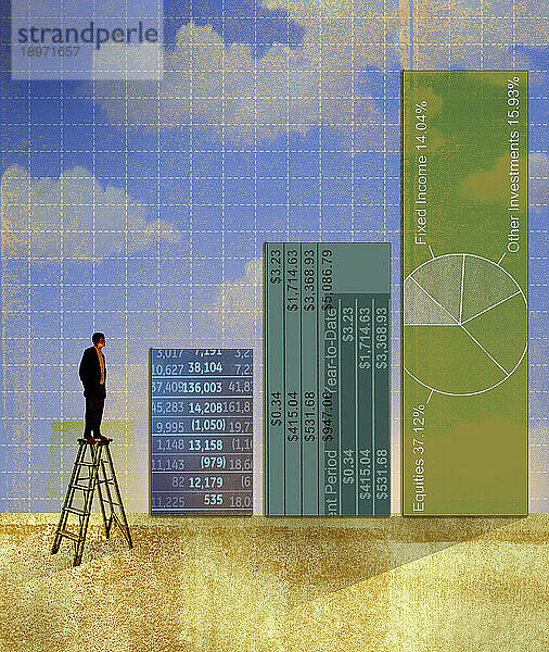 Mann auf einer Leiter betrachtet Finanzzahlen auf einem Balkendiagramm