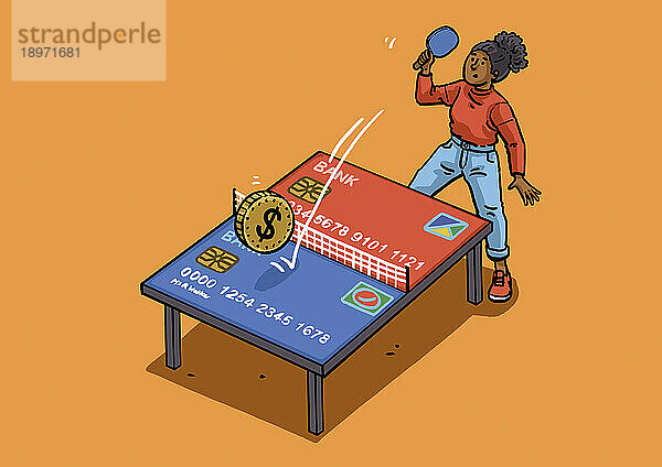 Frau spielt Tischtennis mit Dollar-Münze als Ball und Kreditkarten als Tischtennisplatte