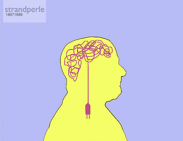 Abgezogenes Kabel bildet Gehirn im Kopf eines älteren Mannes