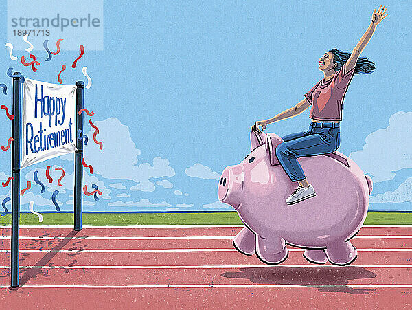 Glückliche Frau reitet auf einem Sparschwein zur Ziellinie