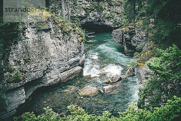 Wilder Flusslauf zwischen Klippen und Felsen in einem Wald
