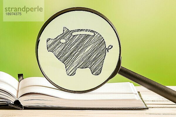 Informationen zum Sparen mit einer Bleistiftzeichnung eines Sparschweins in einem Vergrößerungsglas