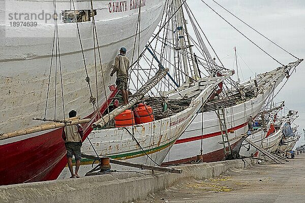 Hölzerne Pinisis  Phinisis  traditionelle indonesische Zweimast Segelschiffe in Sunda Kelapa  Sunda Kalapa  alter Batavia Hafen in Jakarta  Indonesien  Asien