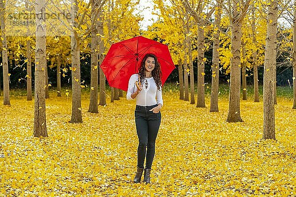 Ein schönes brünettes Modell genießt einen Herbsttag mit gelbem Herbstlaub