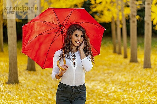 Ein schönes brünettes Modell genießt einen Herbsttag mit gelbem Herbstlaub