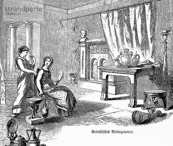 Griechisches Wohnzimmer im Altertum  bedeutende Frauen der Vergangenheit  Geschichte  historische Illustration 1894