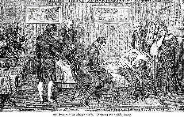 Am Totenbett der Königin Louise  Louise von Preussen  Zimmer  König  Arzt  Kinder  Frauen  sterben  beten  Geschichte  19. Jahrhundert  historische Illustration 1894