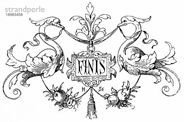 Mit Schwänen verziertes Emblem Finis  Ende  Vergangenheit  Ornamente  Spiegelbild  Geschichte  historische Illustration 1894