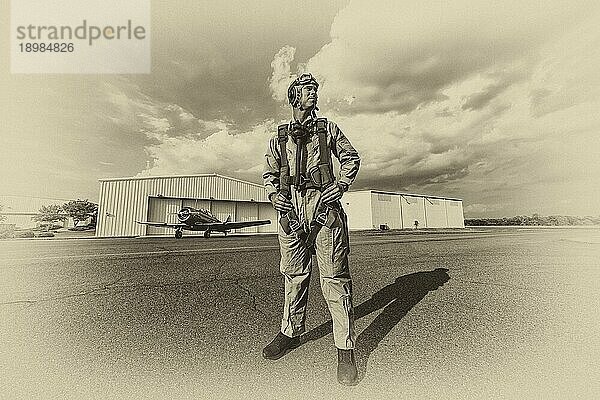 Ein brünettes Modell in Vintage Kleidung mit einem Piloten und einem Flugzeug aus dem Zweiten Weltkrieg