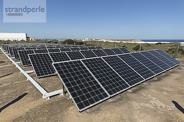 Solarpanele auf dem Gelände der Festung Fortaleza de Sagres  Ponta da Sagres  Faro-Distrikt  Algarve  Portugal  Europa