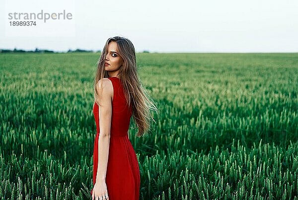 Schöne junge Frau in rotem Kleid posiert im Freien im grünen Sommer Feld. Mode  Schönheit Konzept