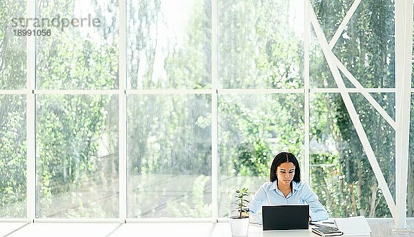 Hübsche afrikanische amerikanische Geschäftsfrau  die an ihrem Schreibtisch sitzend an einem Laptop arbeitet  auf einem Panoramafenster Hintergrund in einem modernen kreativen Büro mit Kopierraum