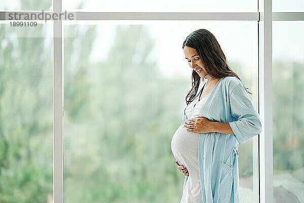 Porträt der jungen schwangeren Frau  die in der Nähe des Fensters steht und die Hände auf ihren Bauch in einem modernen Haus mit Kopierraum hält. Schwangerschaft  Mutterschaft  Erwartung und Zärtlichkeit Konzept
