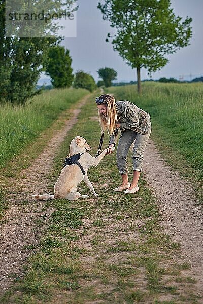 Liebevolle junge Frau  die ihrem Hund eine Pfote anbietet  während sie auf einem Feldweg auf dem Lande während ihres täglichen Spaziergangs hockt