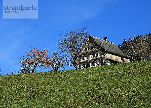 Traditionelles altes Bauernhaus im Kanton Schwyz  Schweiz  Europa