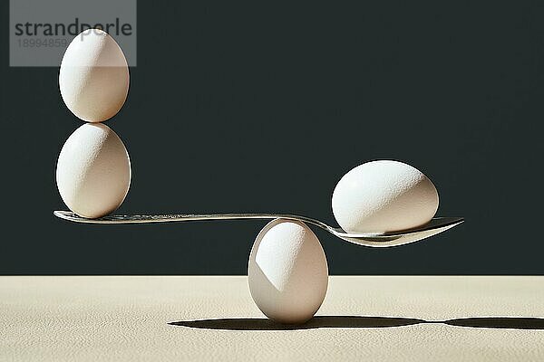 Harmonie und Gleichgewicht Konzept. Ausgeglichene Eier auf Löffel über weißen schwarzen Hintergrund. zen Idee