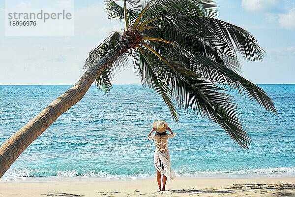 Rückenansicht der hübschen jungen Frau entspannen und genießen Meer stehen unter Palme am tropischen Strand. Sommerurlaub Konzept