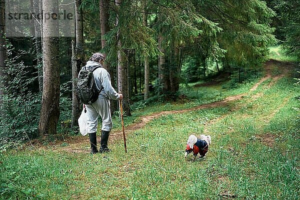 Rückenansicht eines Mannes mit seinem Hund beim Spaziergang im Wald. Urlaub  Reisekonzept