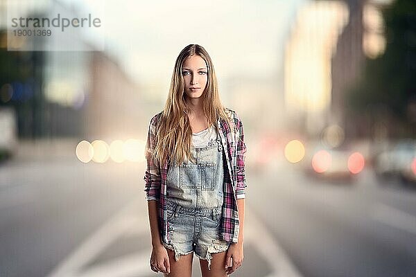 Dreiviertelaufnahme einer jungen blonden Frau  die einen trendigen kurzen Denim Jumpsuit mit einem karierten langärmeligen Hemd trägt und abends auf einer Straße mit Scheinwerfern im Hintergrund steht
