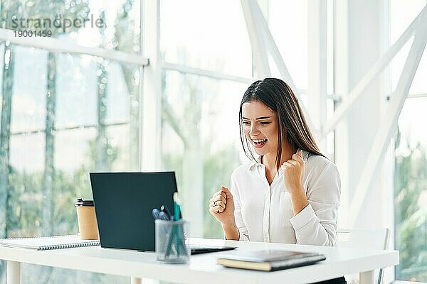 Glückliche Geschäftsfrau  die ihren Erfolg feiert und auf einen Laptop in einem modernen Büro schaut. Geschäftssieg  Triumph und Emotionen Konzept