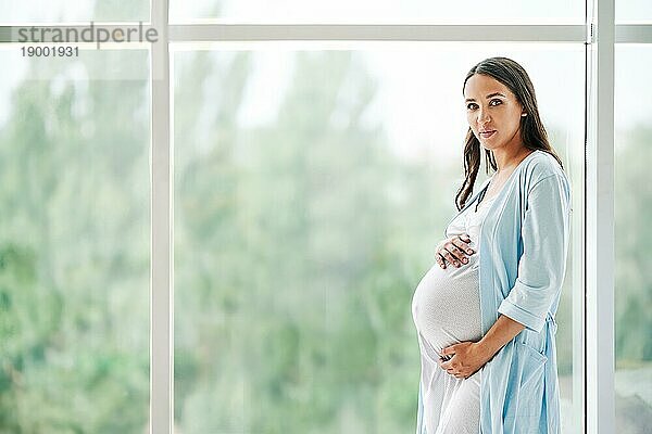 Porträt der jungen schwangeren Frau  die in der Nähe des Fensters steht und die Hände auf ihren Bauch in einem modernen Haus mit Kopierraum hält. Schwangerschaft  Mutterschaft  Erwartung und Zärtlichkeit Konzept