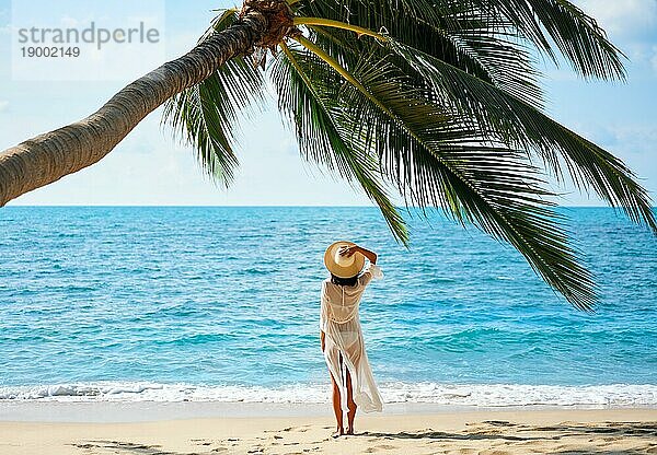 Rückenansicht der hübschen jungen Frau entspannen und genießen Meer stehen unter Palme am tropischen Strand. Sommerurlaub Konzept