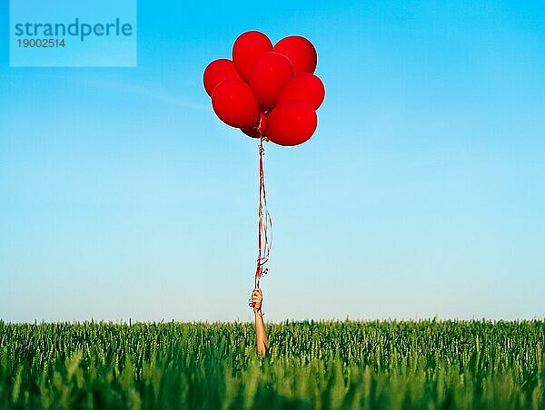 Hand hält rote Luftballons im Sommer grünes Feld auf blauem Himmel Hintergrund