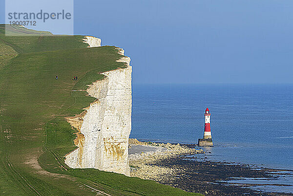 Blick auf die Küste der weißen Kreidefelsen der Seven Sisters mit dem Leuchtturm Beachy Head im Hintergrund  South Downs National Park  East Sussex  England  Vereinigtes Königreich  Europa