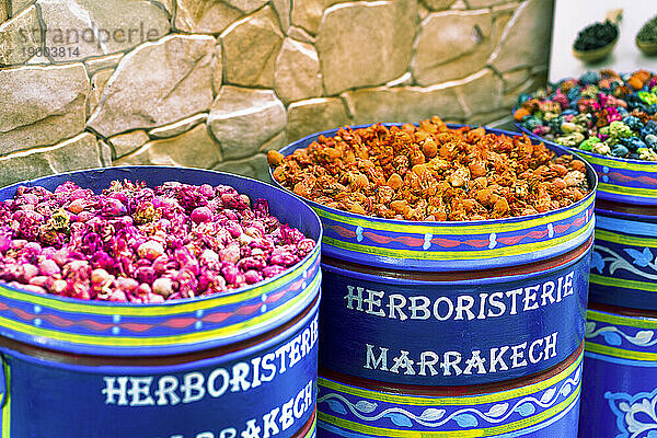 Bunte Trockenblumen zum Verkauf auf einem Souk-Markt in der Medina  Altstadt von Marrakesch  Marokko  Nordafrika  Afrika