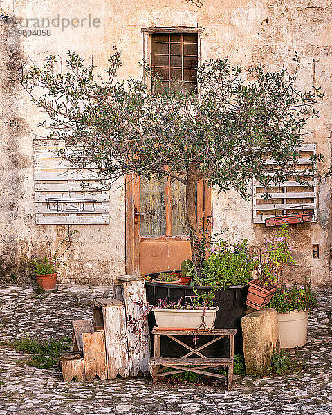 Charming rustic scene in the old town of Matera  Basilicata  Italy  Europe