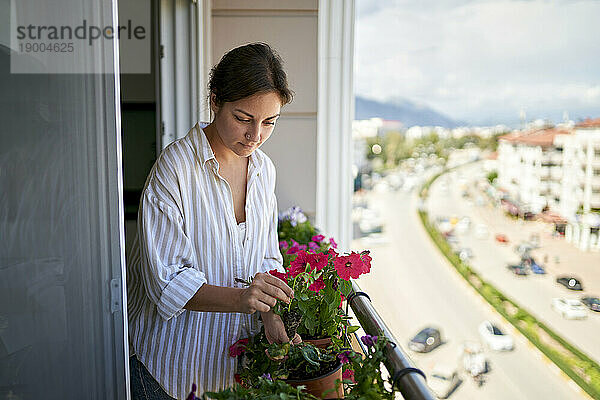 Frau kümmert sich um blühende Pflanzen auf dem Balkon