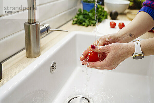 Hands of woman washing tomato in kitchen sink at home