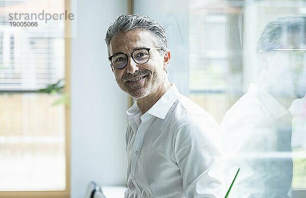 Lächelnder reifer Geschäftsmann mit Brille im Büro