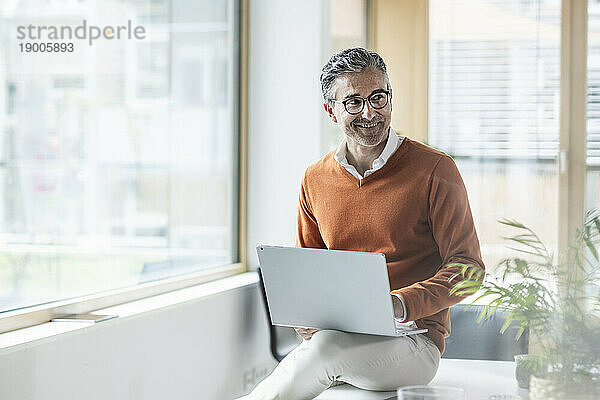 Lächelnder Geschäftsmann  der mit einem Laptop am Tisch im Büro arbeitet