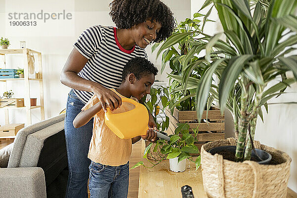 Glückliche junge Frau mit Sohn  die zu Hause Pflanzen gießt