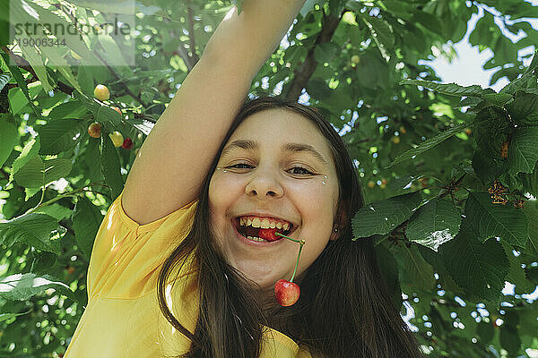 Lächelndes Mädchen beißt Kirsche im Garten