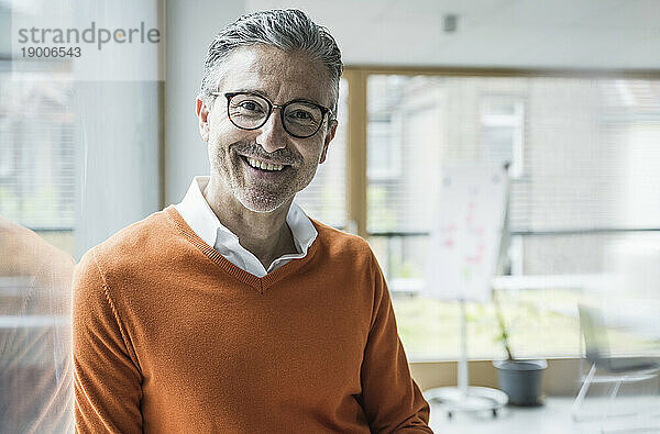 Lächelnder reifer Geschäftsmann mit Brille im Büro