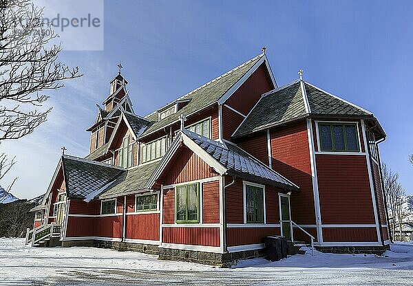 Drachenkirche oder Buksnes Kirche  im Winter  Gravdal  Lofoten  Nordland  Norwegen  Europa