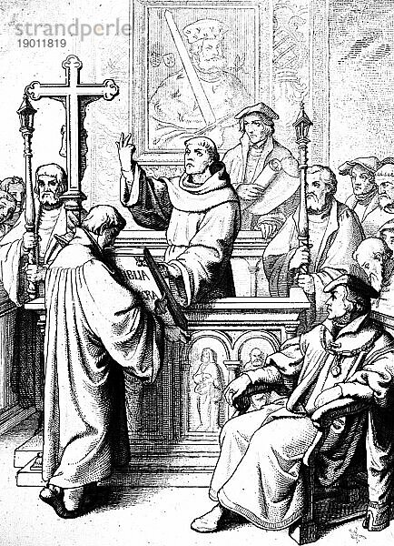 Martin Luther wird 1512 durch Karlstadt feierlich zum Doktor der Heiligen Schrift promoviert  Deutschland  akademische Promotion  Kreuz  Raum  Zeremonie  Unversität  Würde  16. Jahrhundert  historische Illustration um 1860  Europa