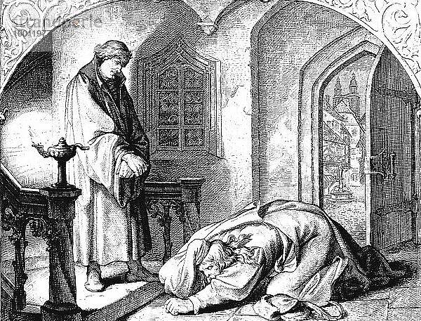 Martin Luther und Hans Kohlhase  Zimmer  Diele  Blick  zwei Personen  unterwürfig  verzweifelt  reden  am Boden  flehen  Lampe  Tisch  Haustür  Religion  Protestantismus  16. Jahrhundert  historische Illustration um 1860